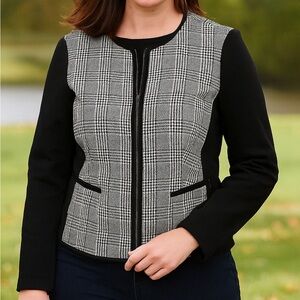 Talbots Houndstooth Woven Textured Black/White Blazer Zip Up Jacket Preppy Plaid
